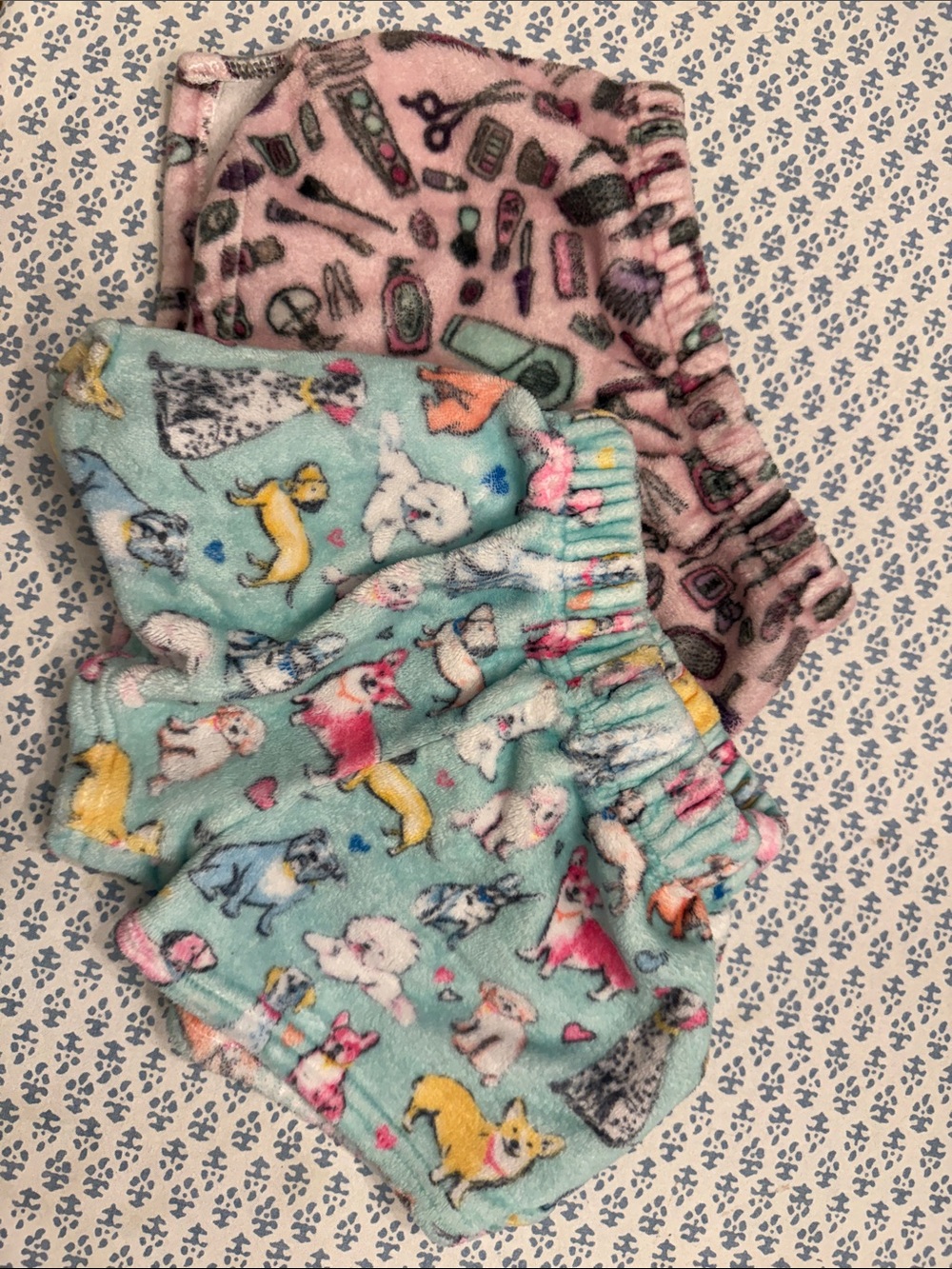 Girls Plush Pajama Shorts - Mint Puppy Print & Pink Accessories